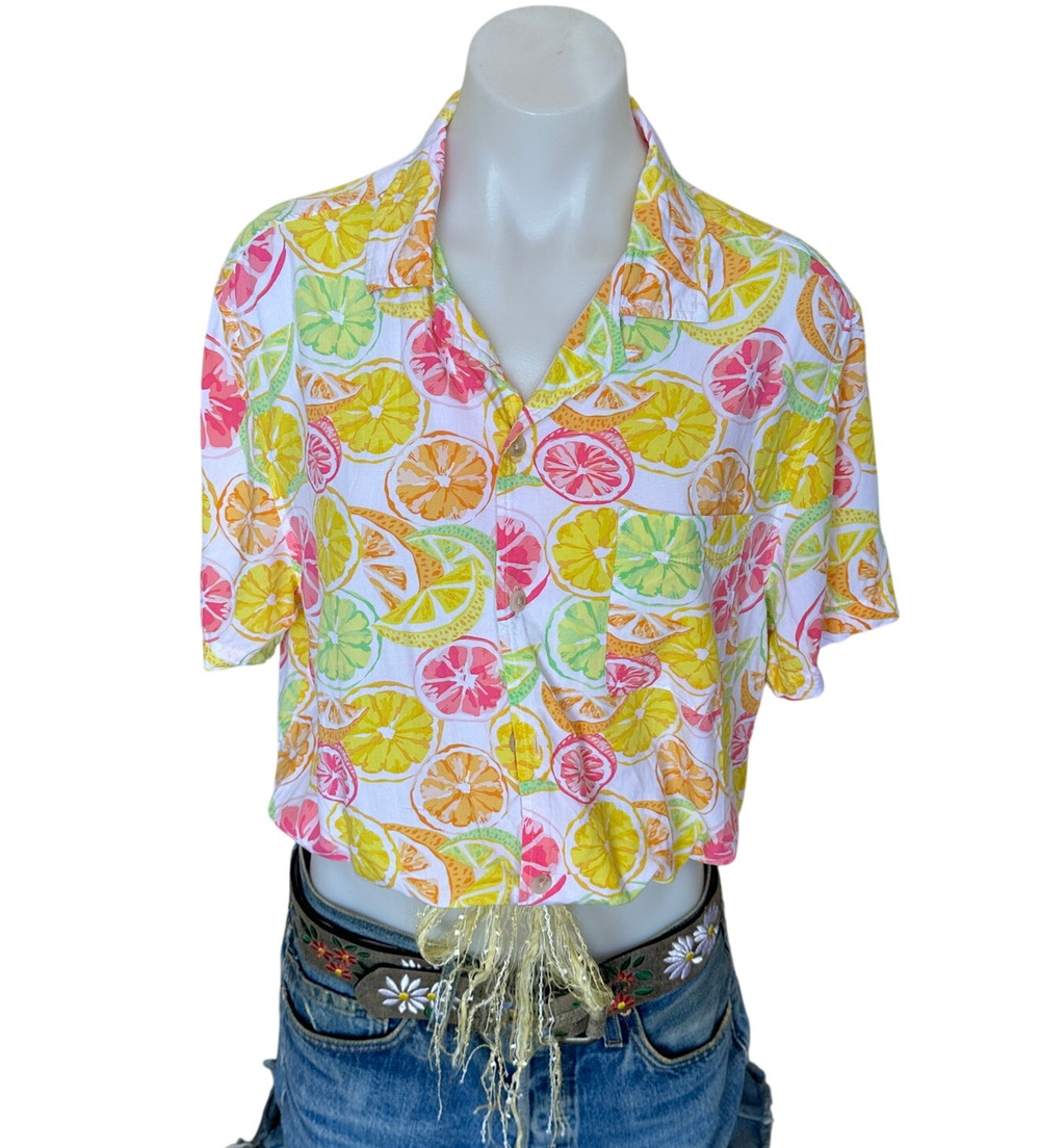 Lemon Citrus Print Button Down Crop Top One Size Boxy Shirt Retro 80s Unique